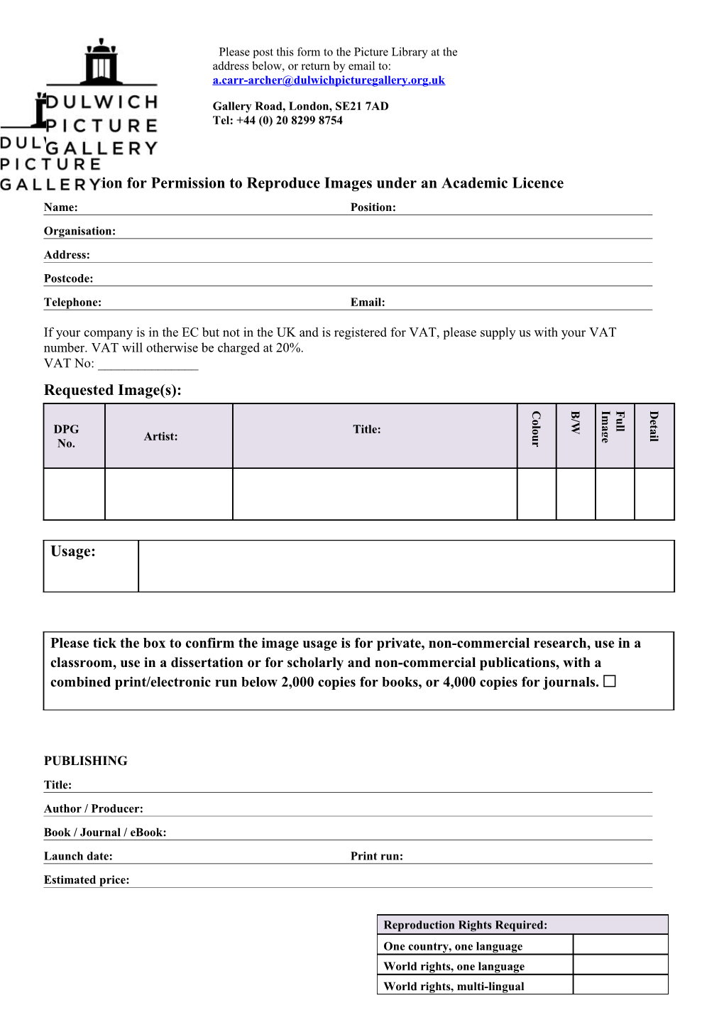 Application for Permission to Reproduce Images Under an Academic Licence