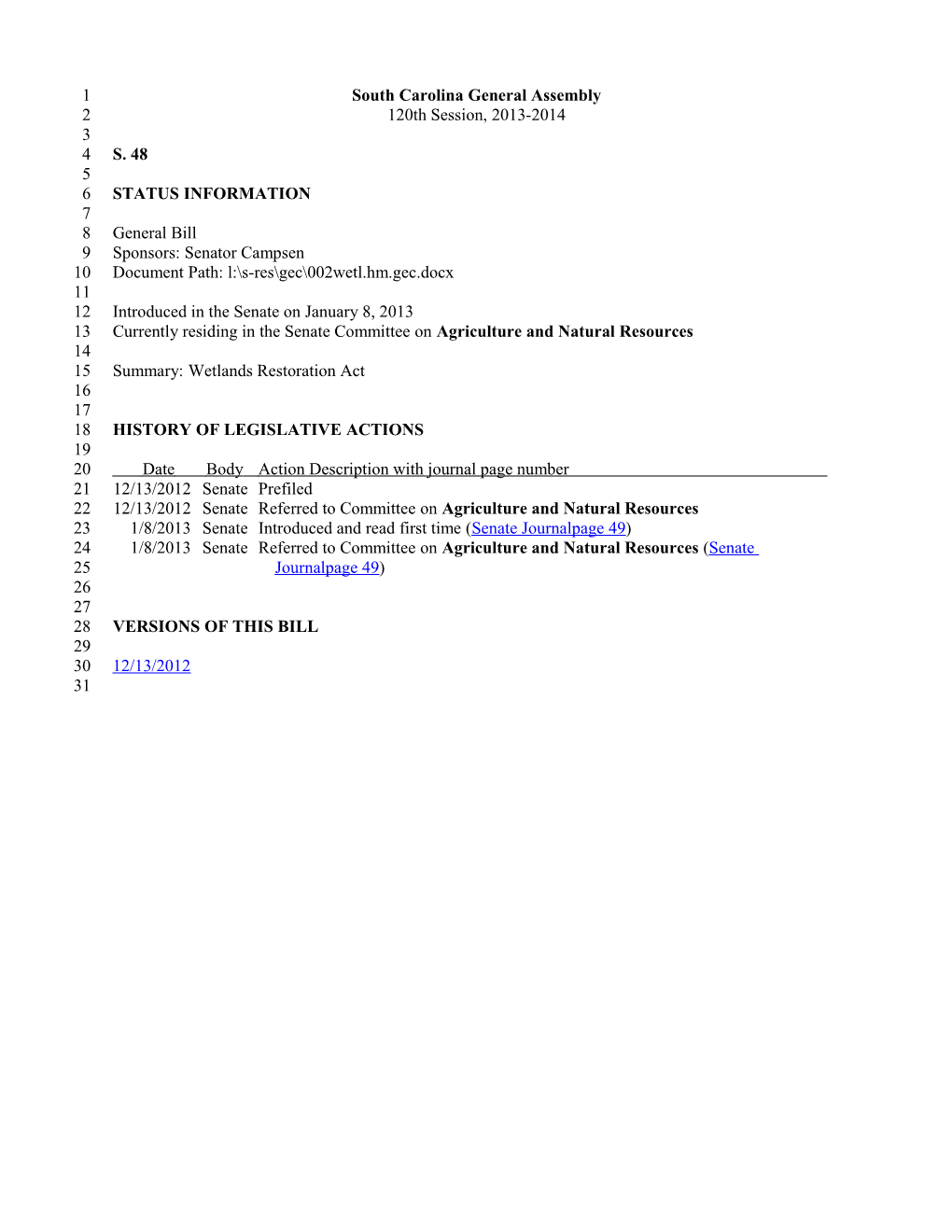 2013-2014 Bill 48: Wetlands Restoration Act - South Carolina Legislature Online