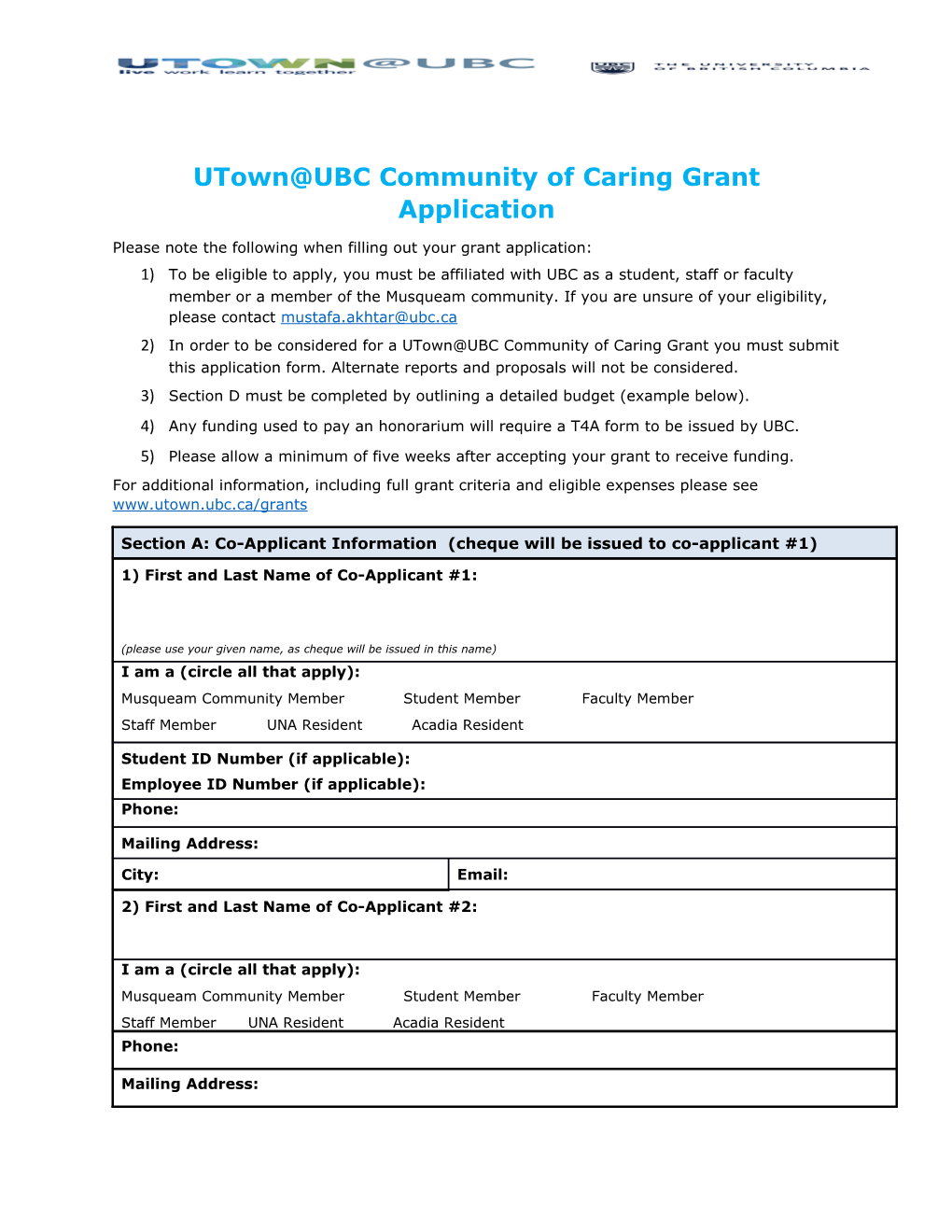 Utown UBC Community of Caring Grant Application