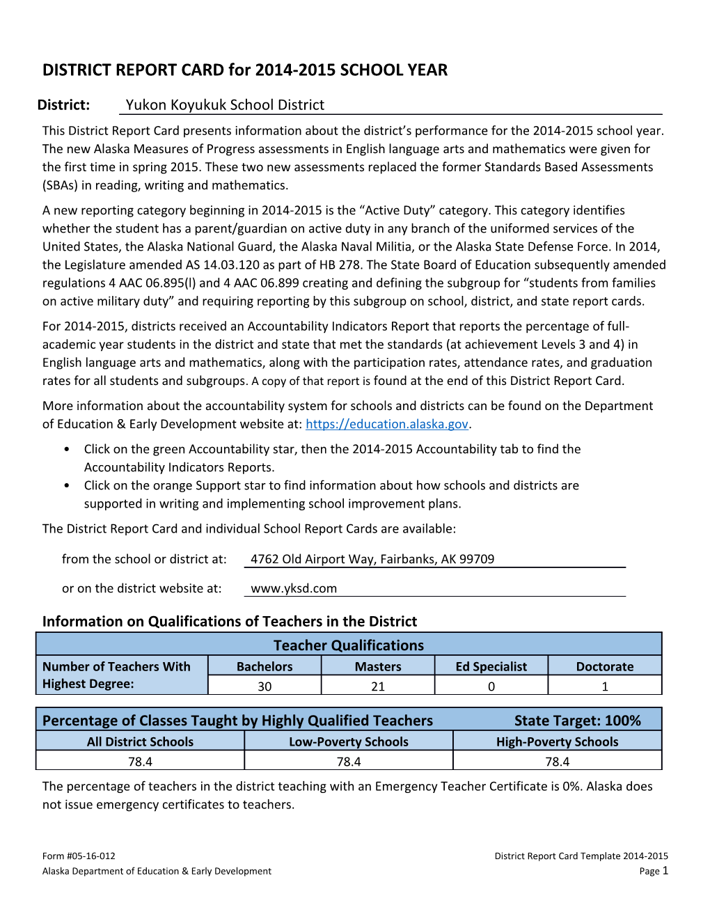 DISTRICTREPORT CARD for 2014-2015 SCHOOL YEAR