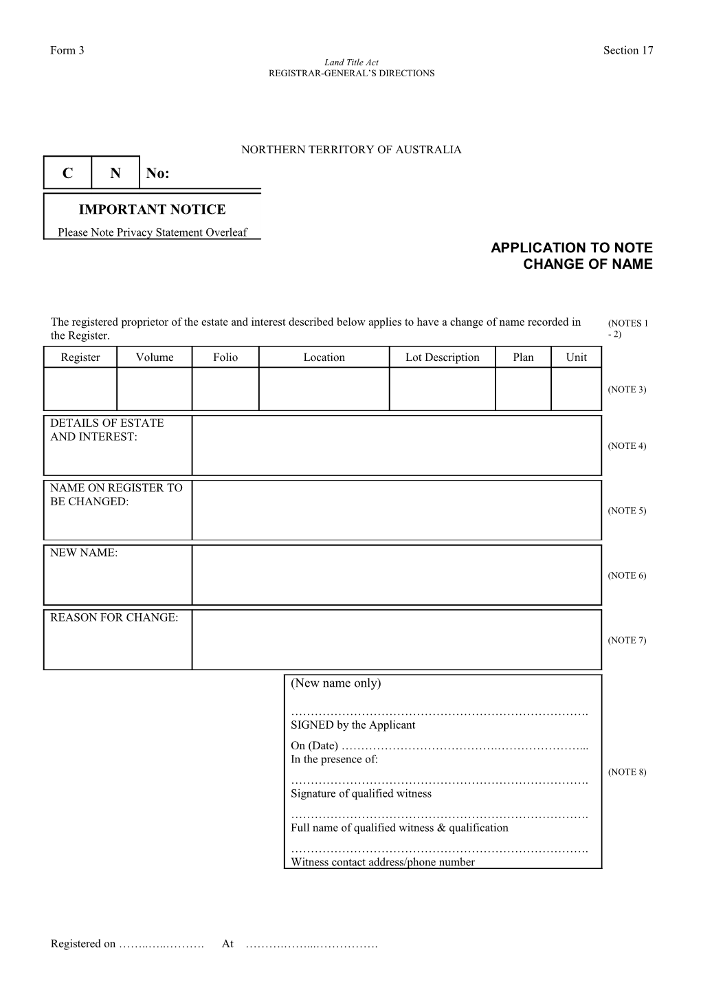 Form No 3 - Application to Note Change of Name