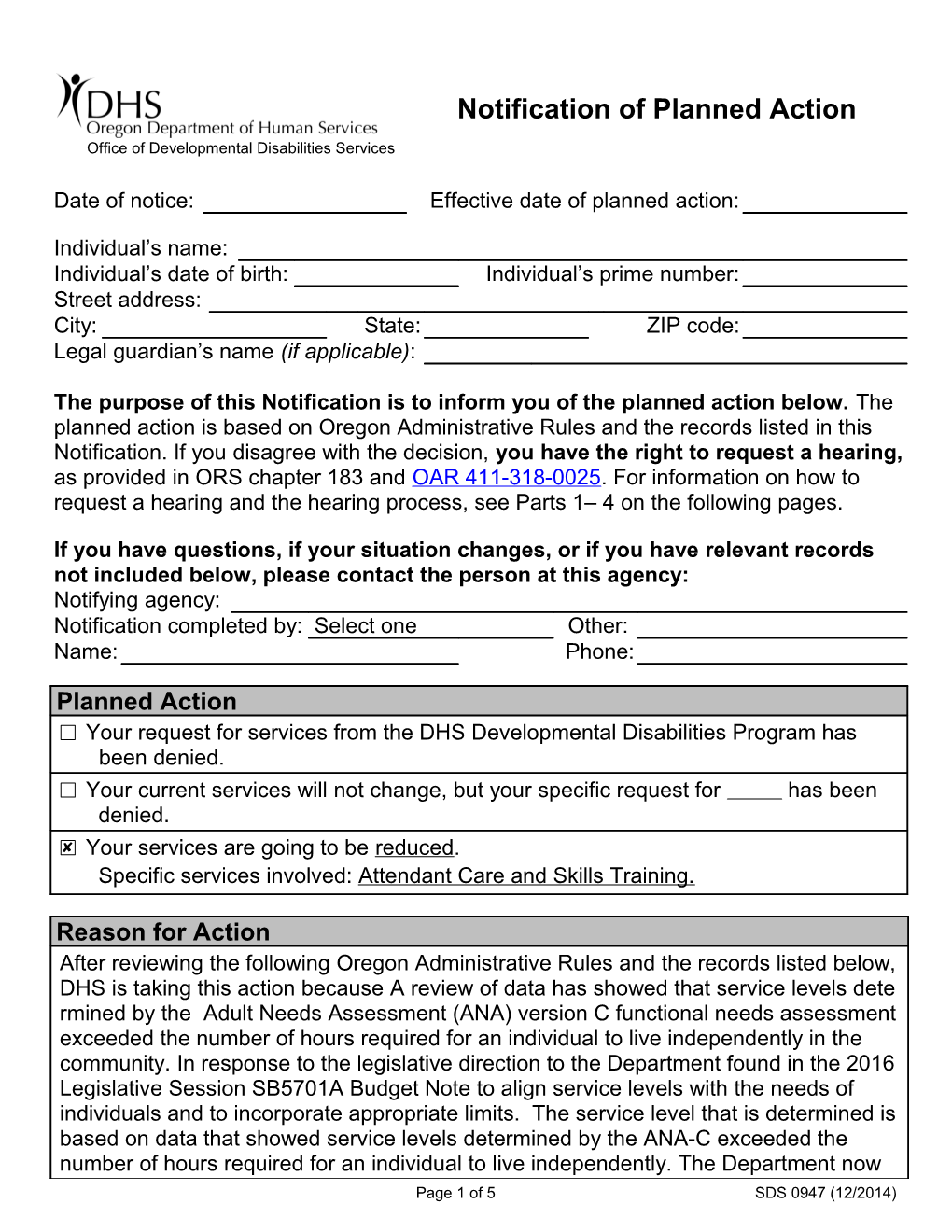 Reduction Notification of Planned Action Adult Template
