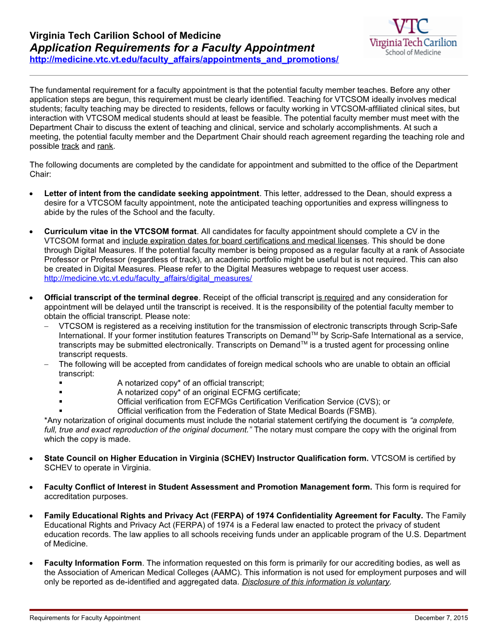 Application Requirementsfor a Faculty Appointment