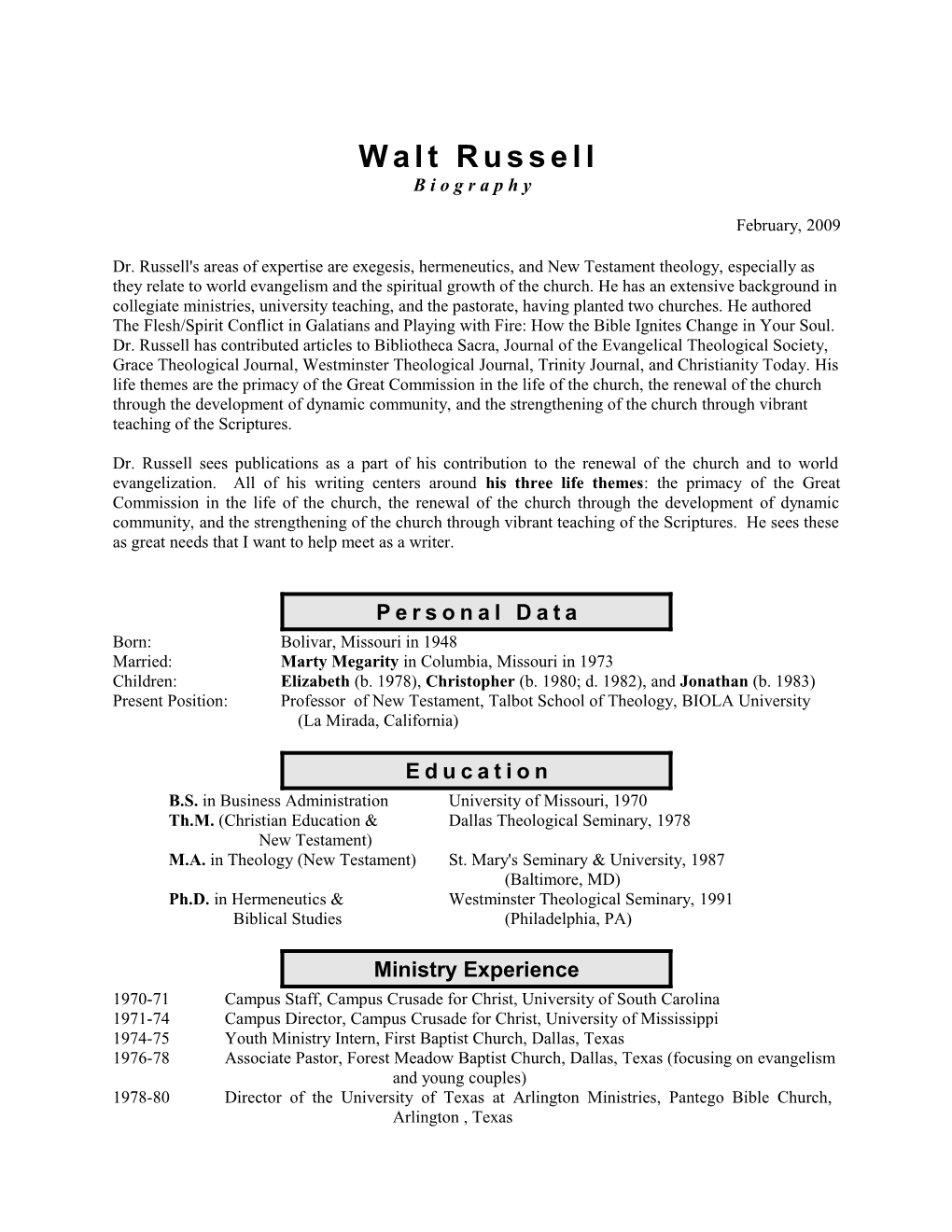 Writing Resumé of Walt Russell1