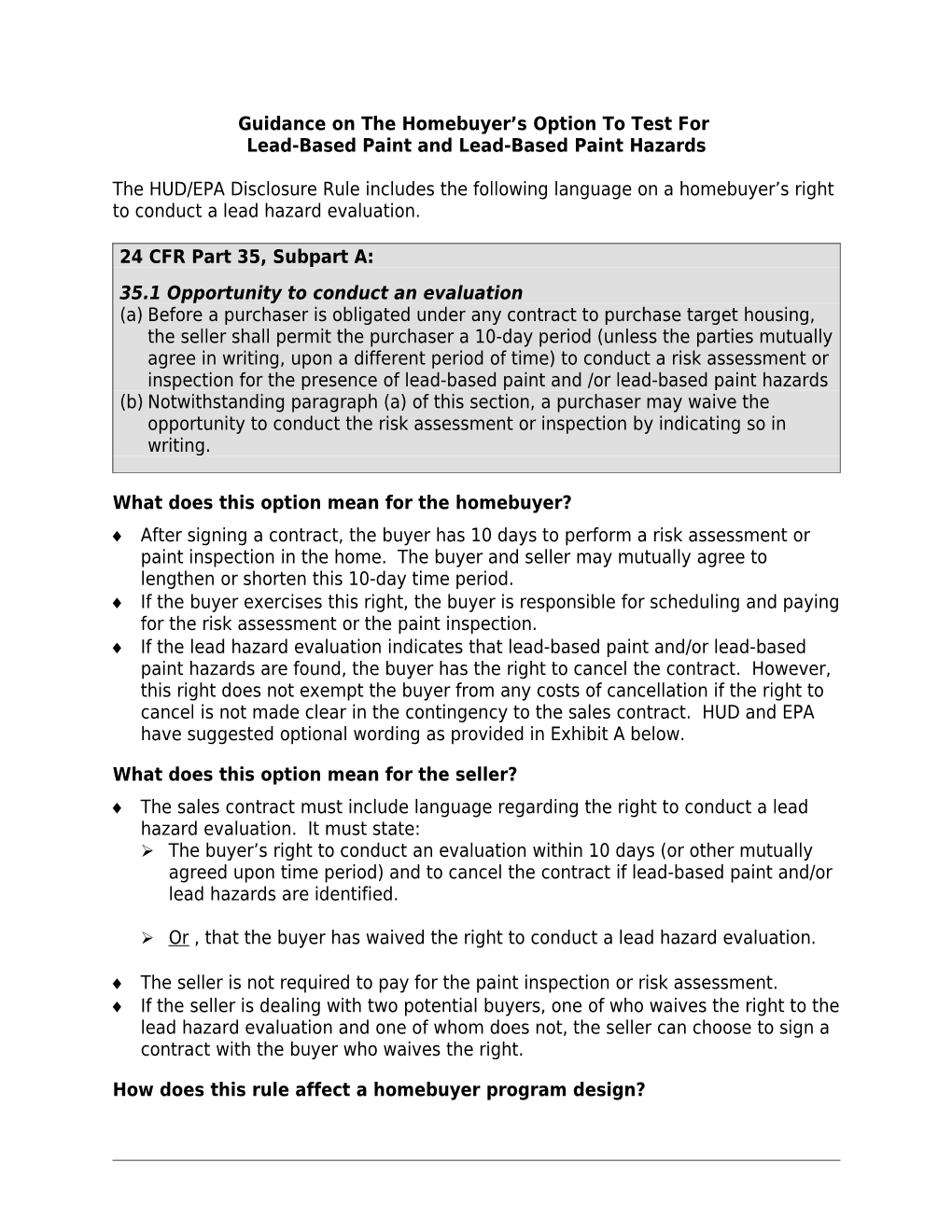 Guidance on the Homebuyer S Option to Test for Lead-Based Paint and Lead-Based Paint Hazards
