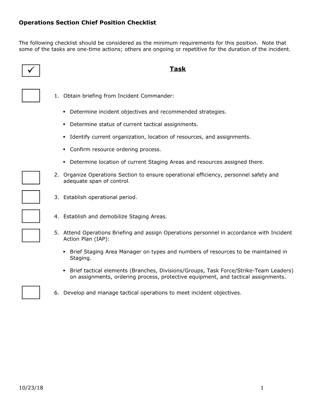 Operations Section Chief Position Checklist