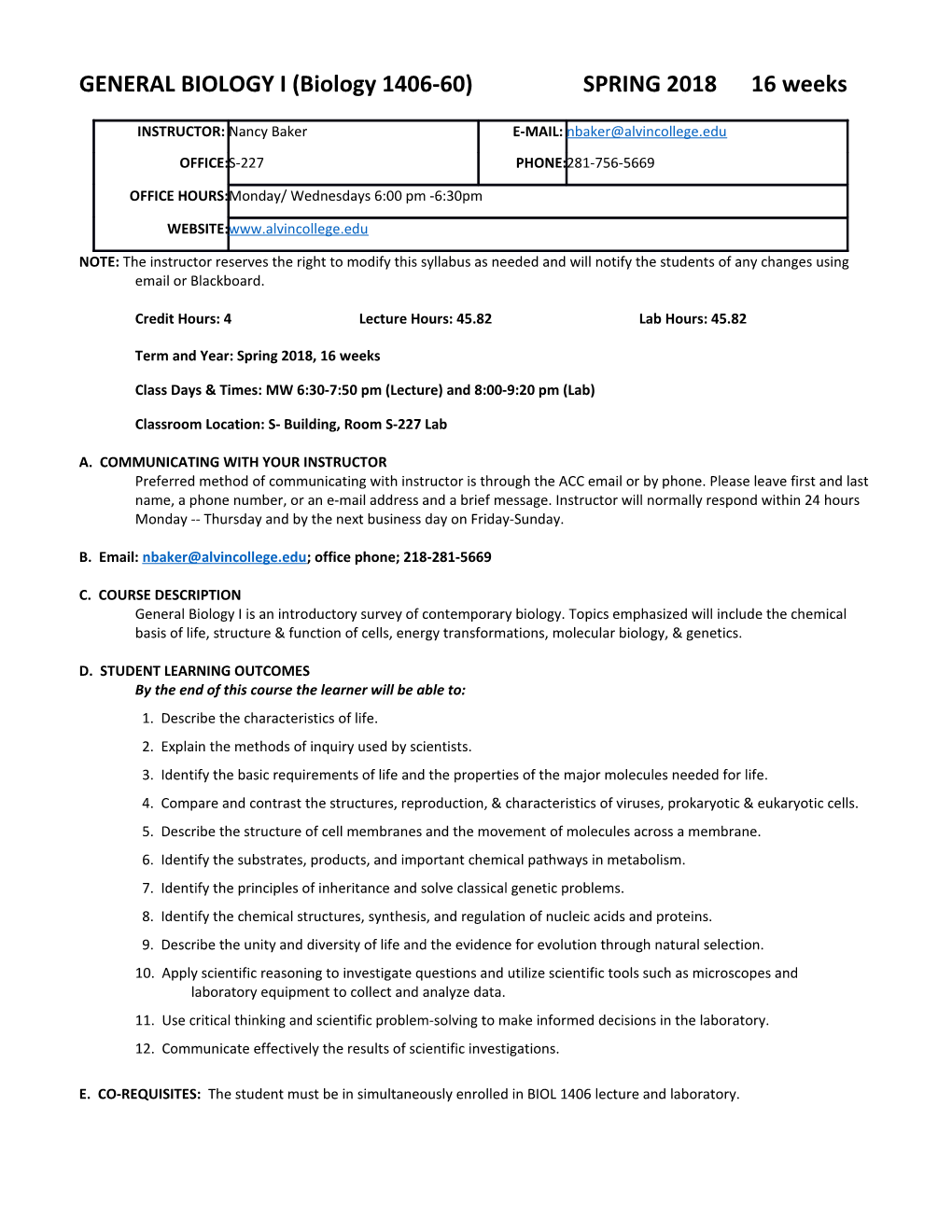 GENERAL BIOLOGY I(Biology 1406-60) SPRING 201816 Weeks