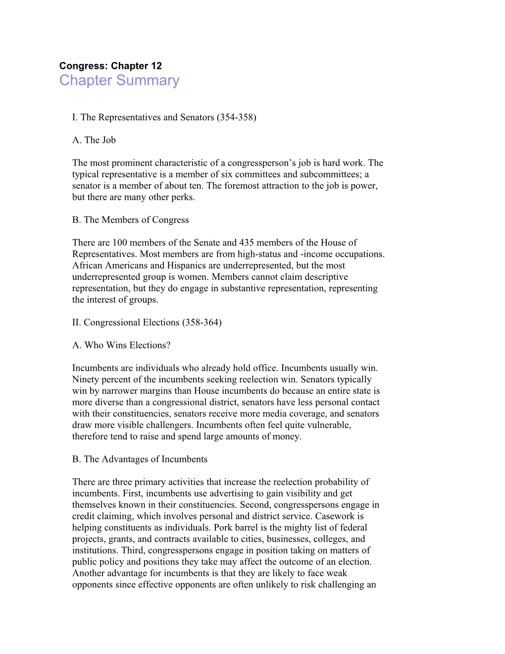 Congress: Chapter 12Chapter Summary