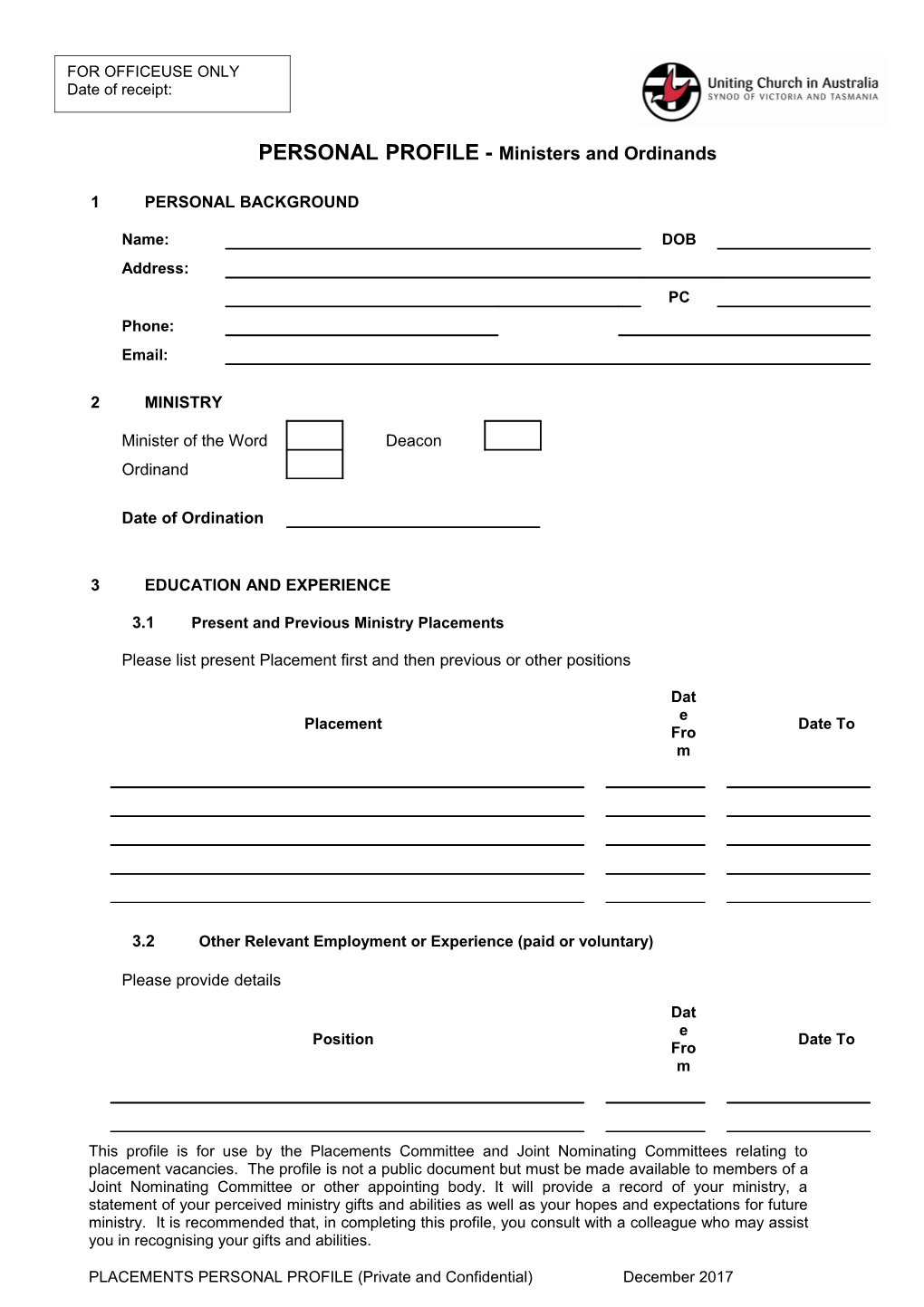 Personal Profile Form - Ministers and Ordinands