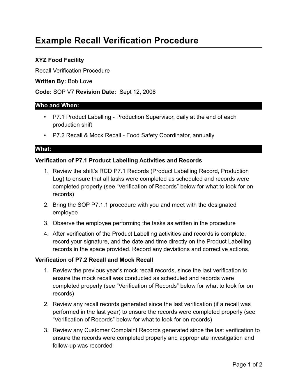 Example Recall Verification Procedure