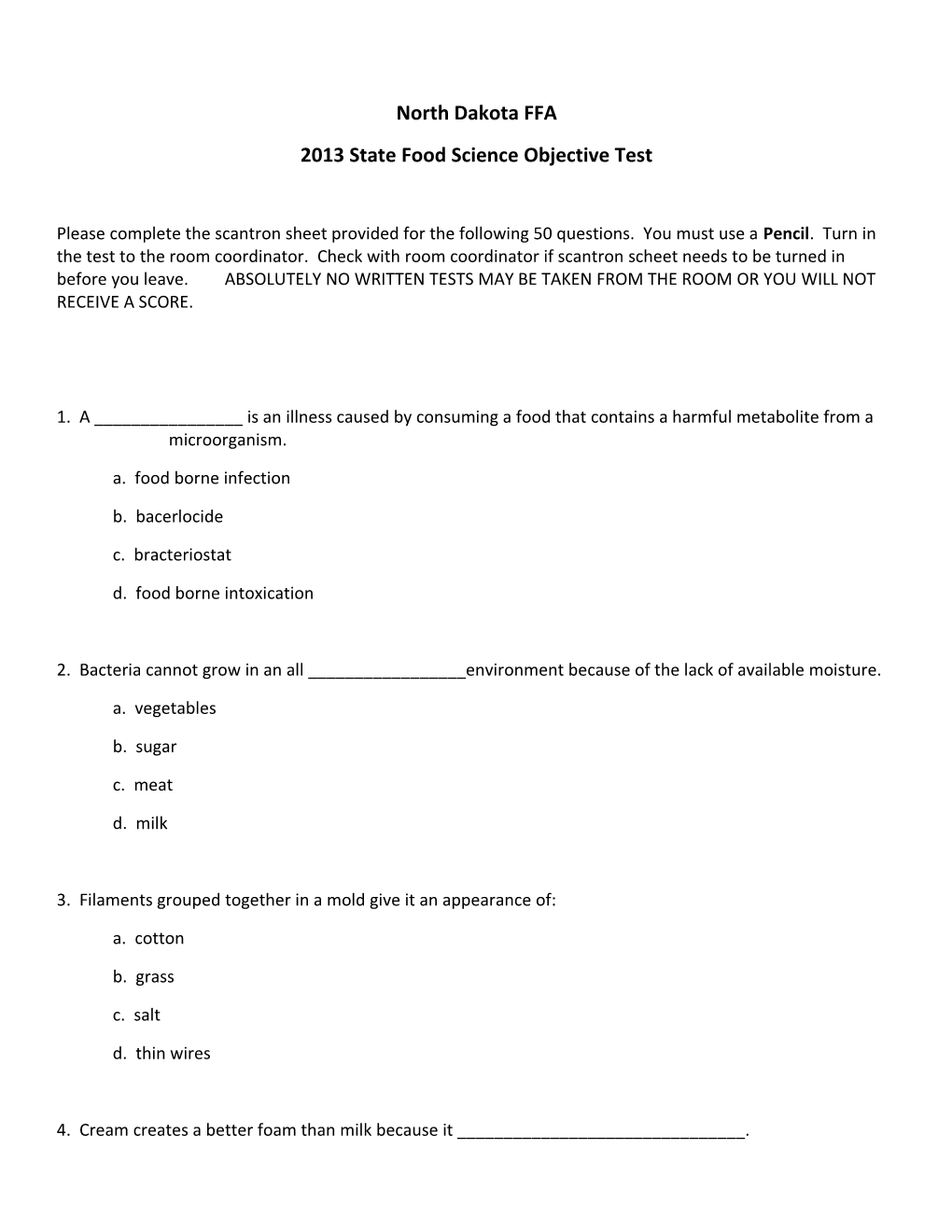 2013 State Food Science Objective Test
