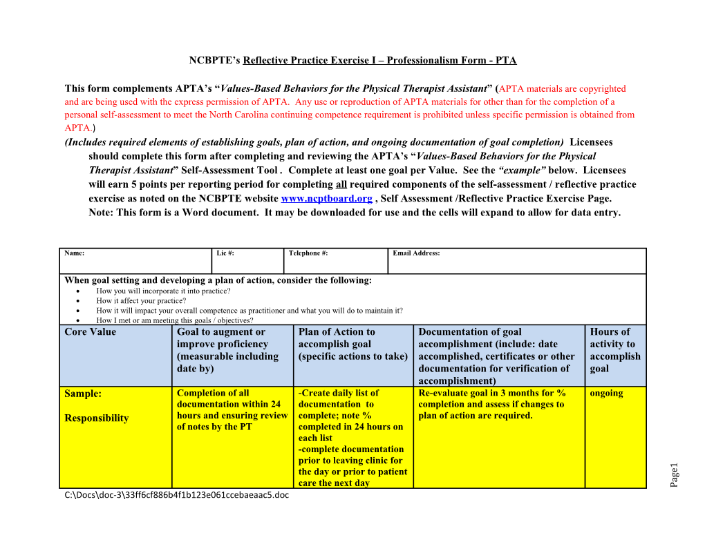 NCBPTE Sreflective Practice Exercise I Professionalismform - PTA