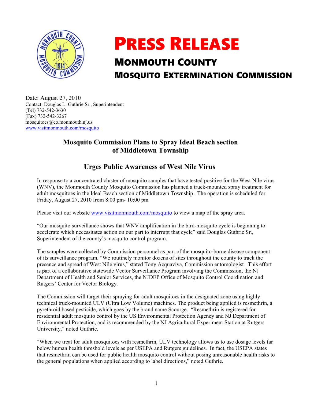 Mosquito Commission Plans to Sprayidealbeach Section