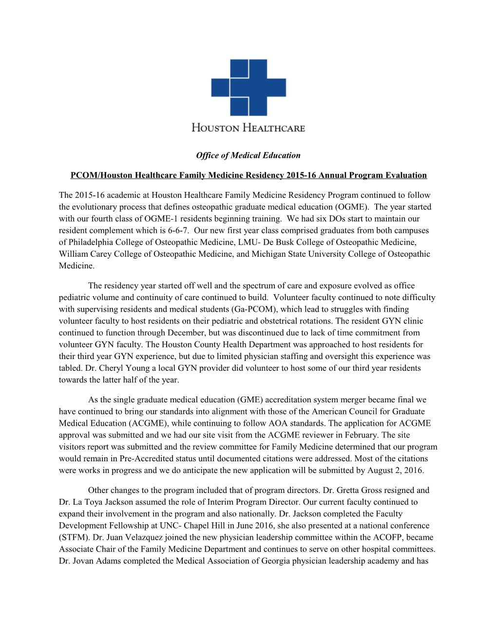 PCOM/Houston Healthcare Family Medicine Residency 2015-16 Annual Program Evaluation