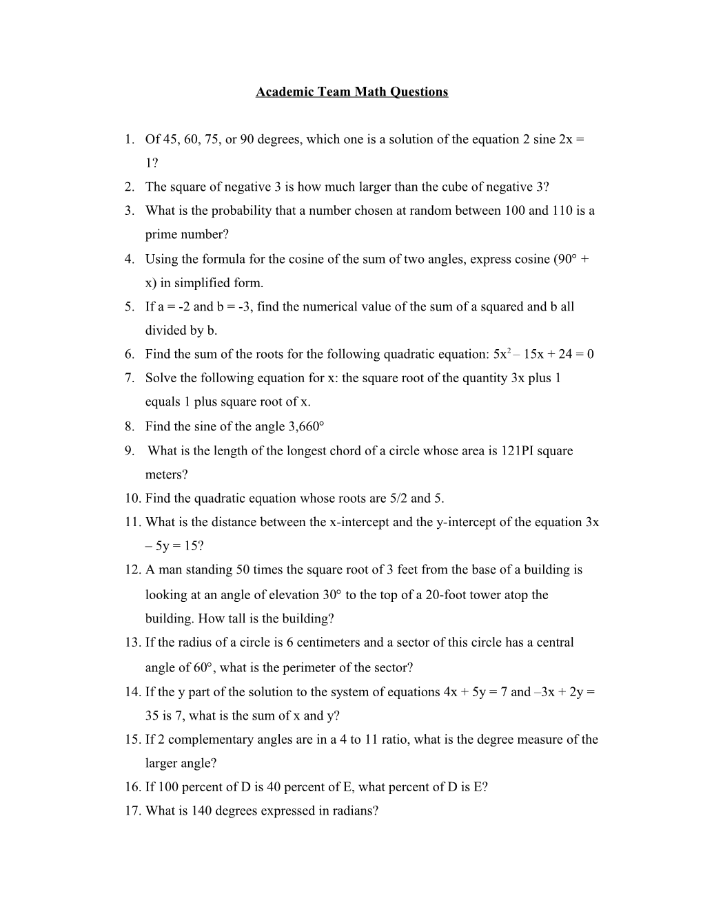 Academic Team Math Questions