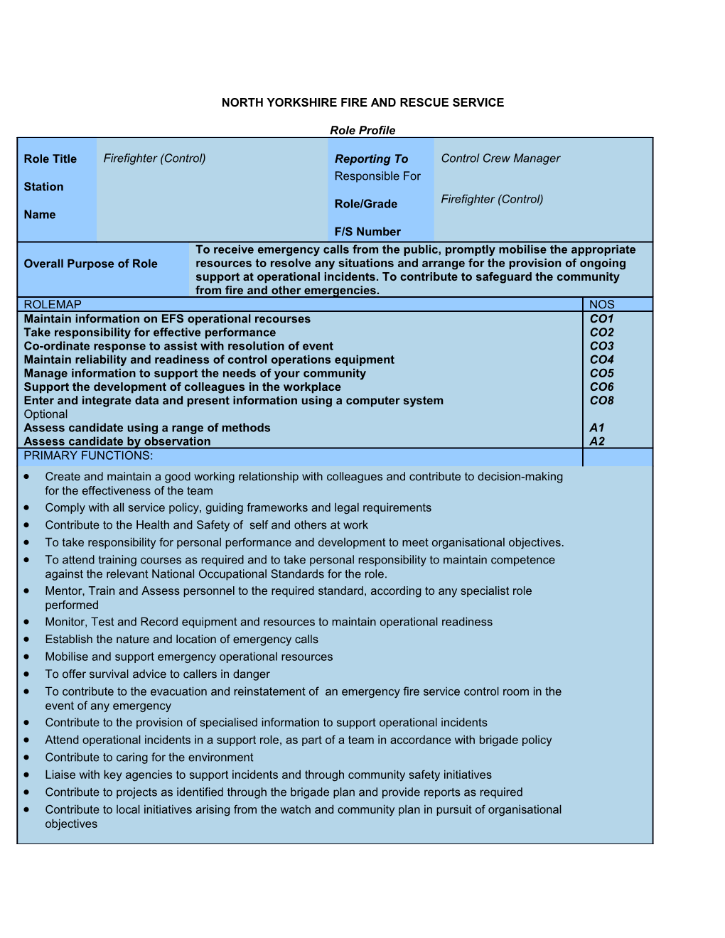 Role Profile Firefighter Control