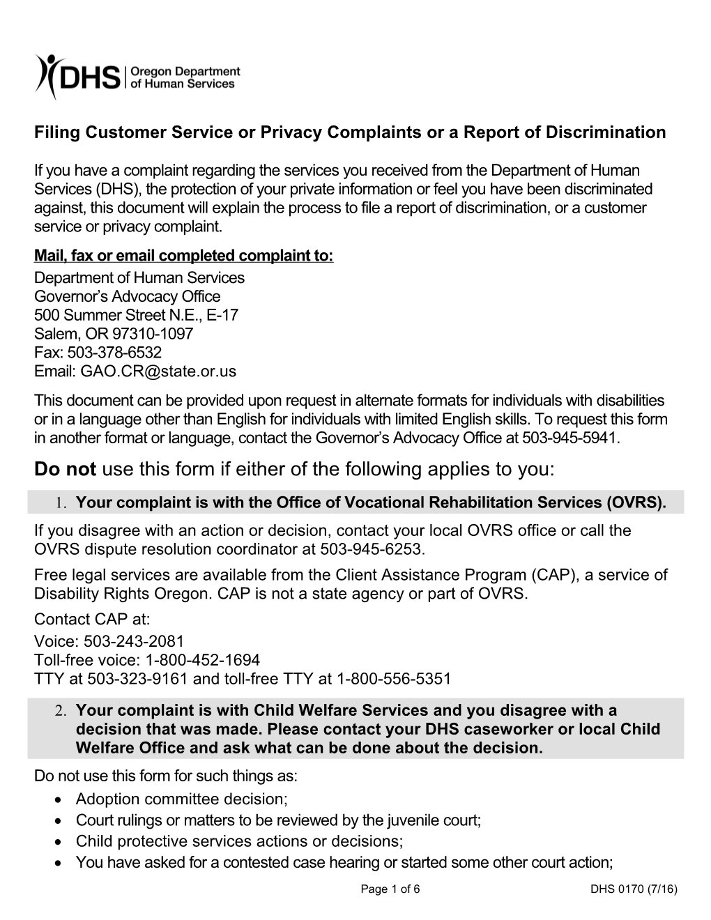 Filing a Customer Service Complaint Or Report of Discrimination