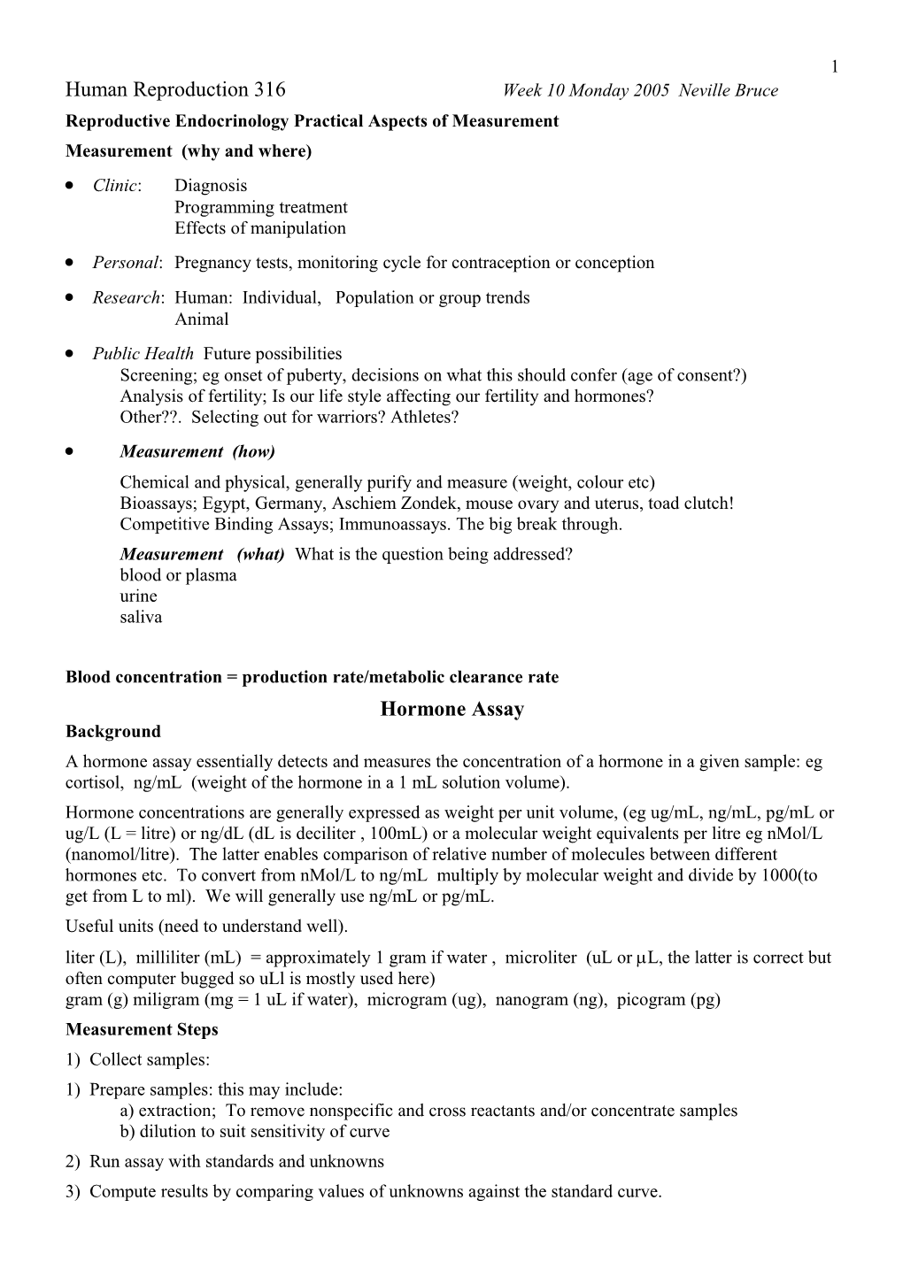 Reproductive Endocrinology Practical Aspects of Measurement