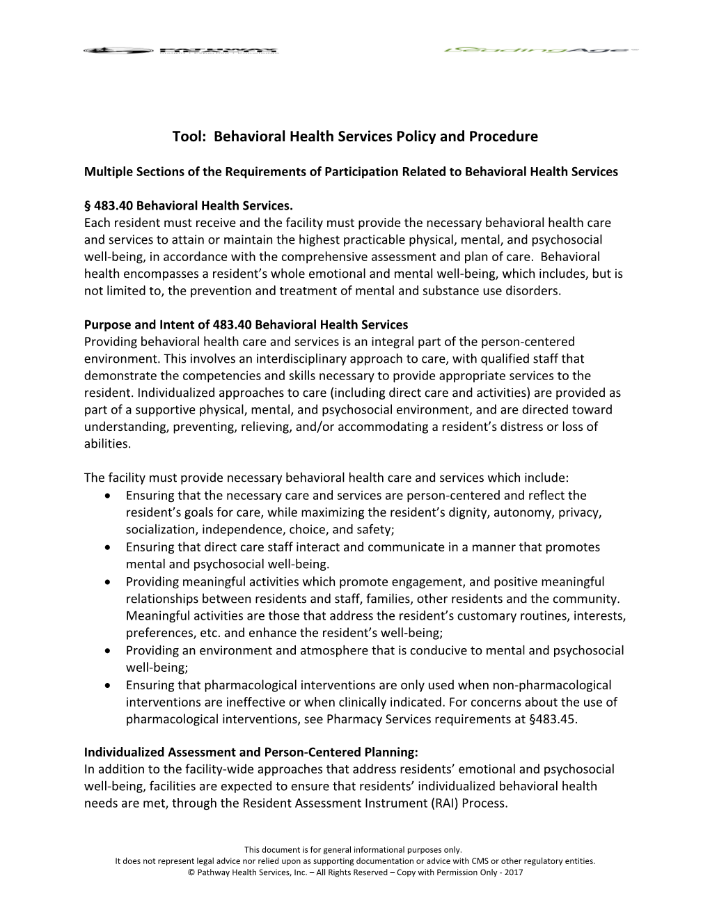 Tool: Behavioral Health Services Policy and Procedure