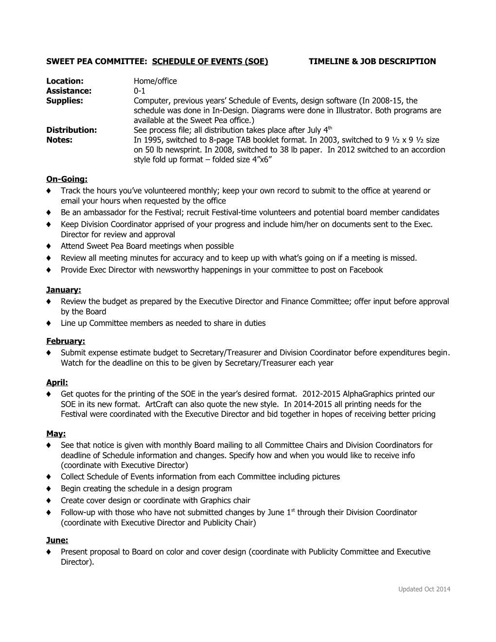Sweet Pea Committee: Schedule of Events Time Line Job Description 1/96