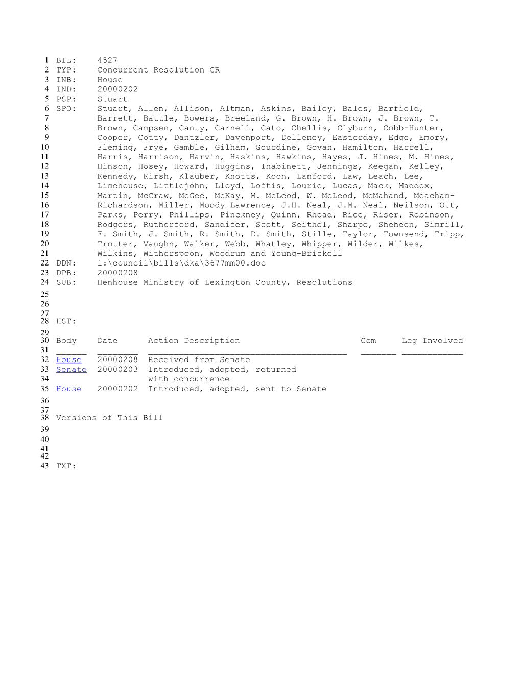 1999-2000 Bill 4527: Henhouse Ministry of Lexington County, Resolutions - South Carolina