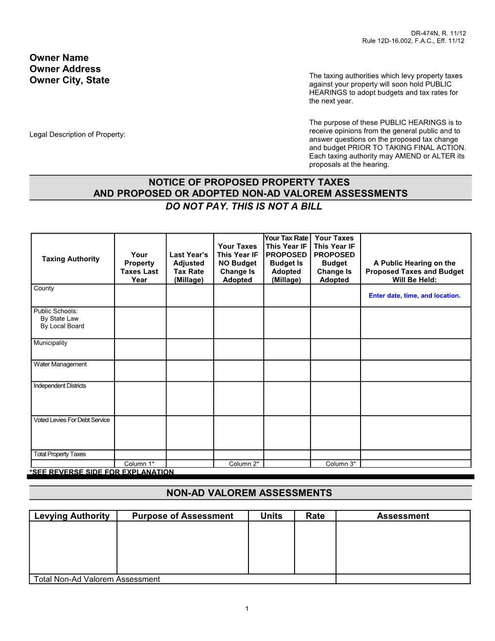 Notice of Proposed Property Taxes and Proposed Or Adopted Non Ad Valorem Assessments