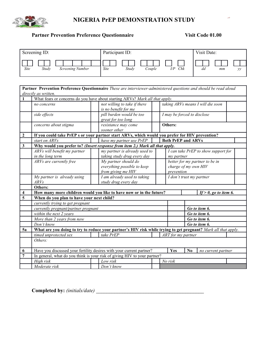 Partner Prevention Preference Questionnairevisit Code 01.00