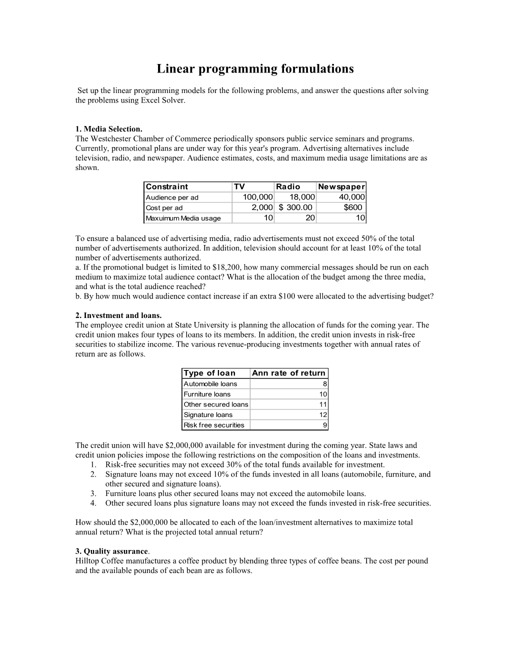 Class Work Linear Programming Model Formulations