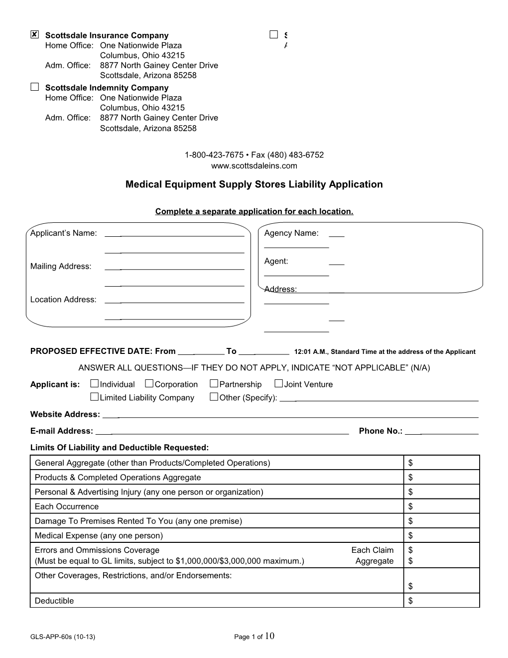 Medical Equipment Supply Stores Liability Application