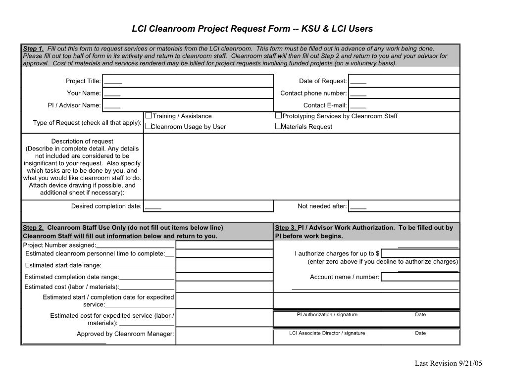 LCI Cleanroom Project Request Form KSU & LCI Users