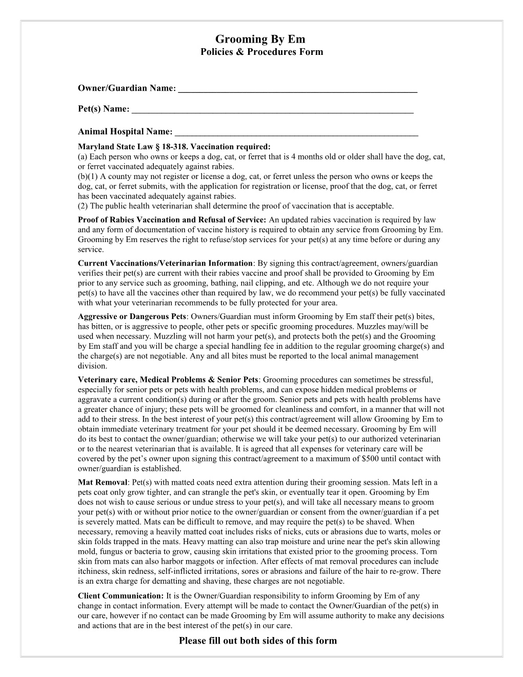 Grooming Release Form