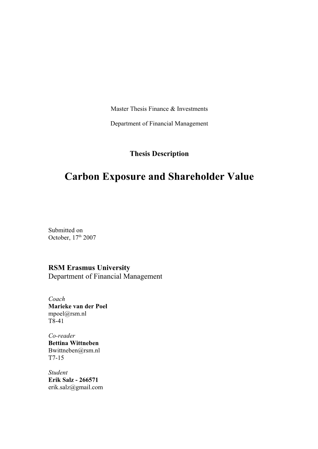 Preliminary Master Thesis Proposal Financial Management