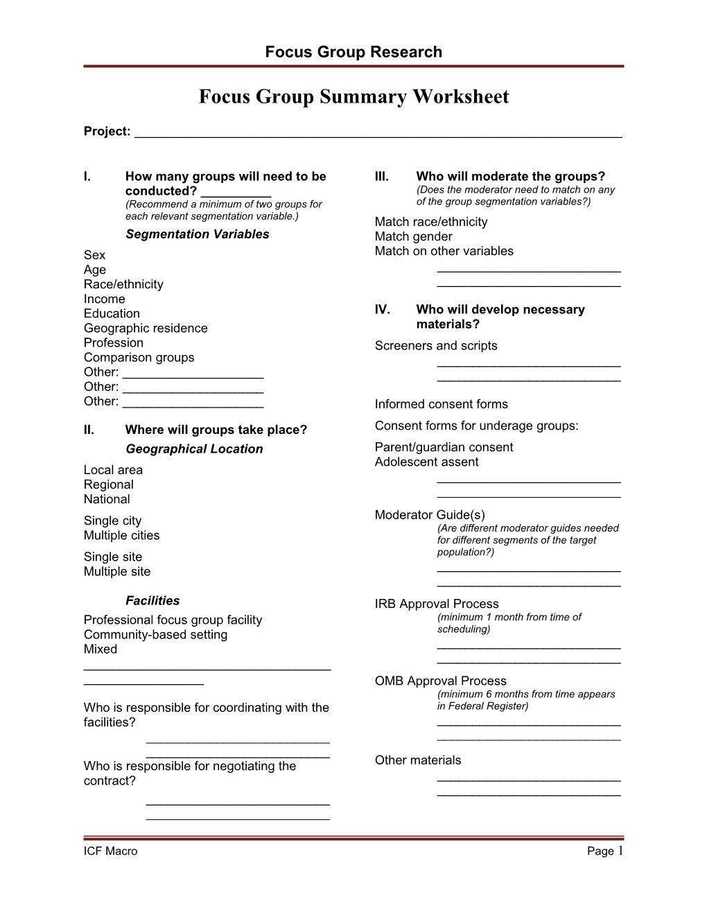 Focus Group Summary Worksheet