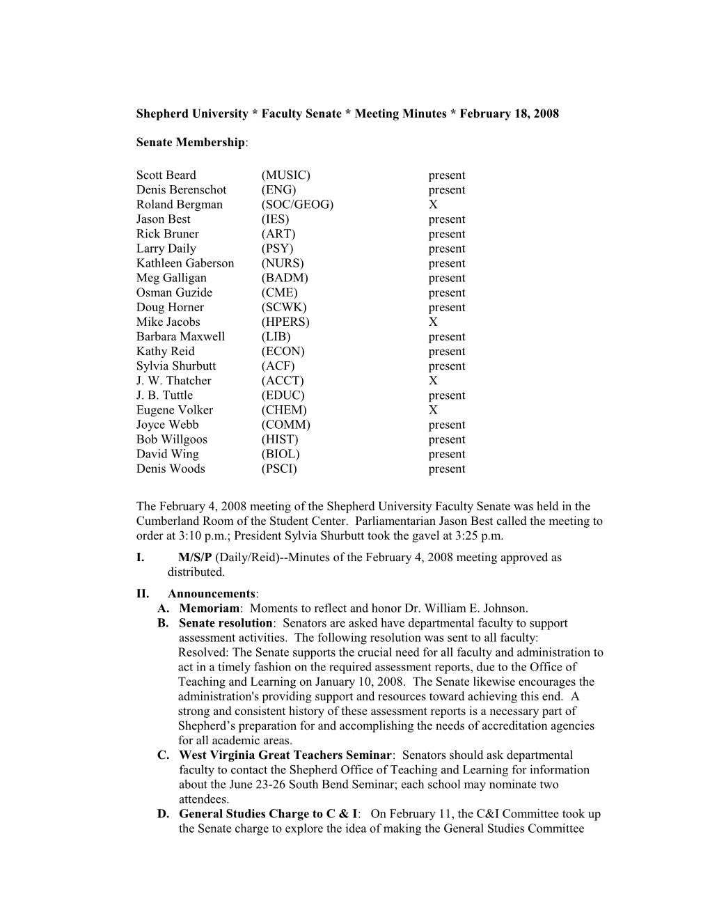 Shepherd University * Faculty Senate * Meeting Minutes * February 18, 2008