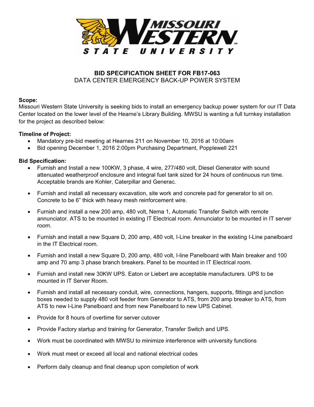 Bid Specification Sheet for Fb17-063