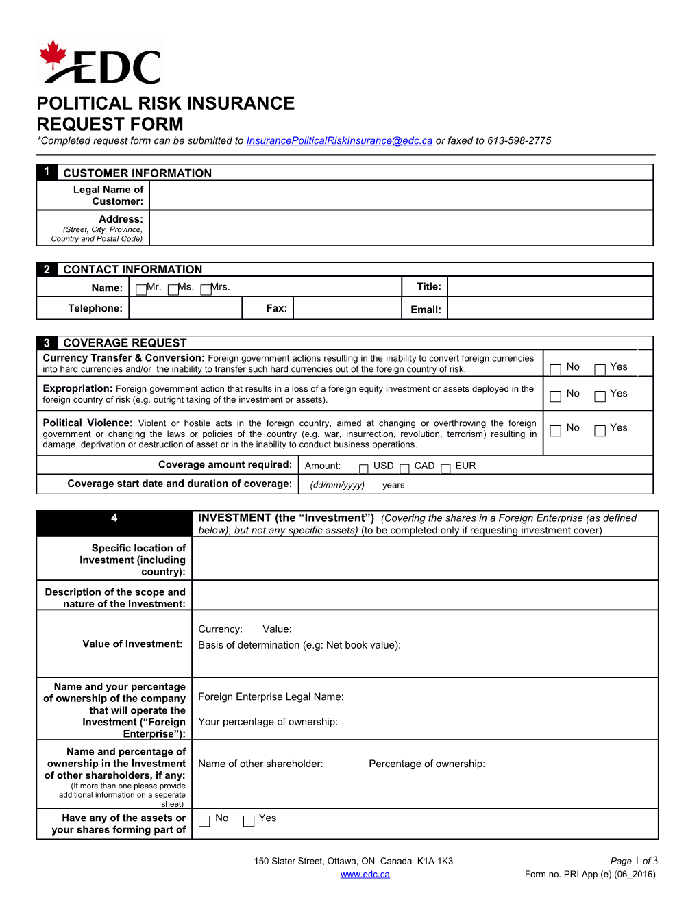 Political Risk Insurance Request Form - Export Development Canada (EDC)