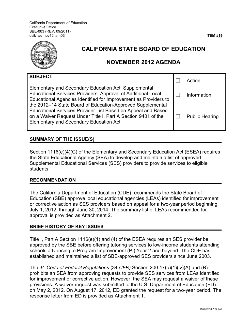 November 2012 Agenda Item 19 - Meeting Agendas (CA State Board of Education)