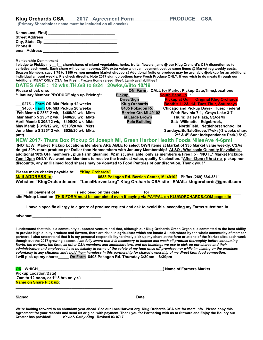 Klug Orchards CSA2017 Agreement Form PRODUCE CSA