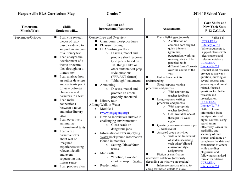 Harpursville ELA Curriculum Mapgrade: 72014-15 School Year