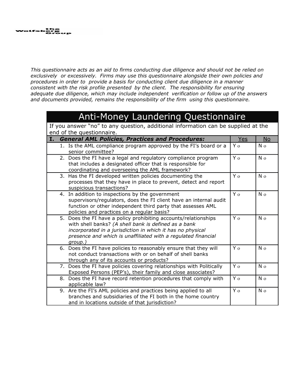 Anti-Money Laundering Questionnaire