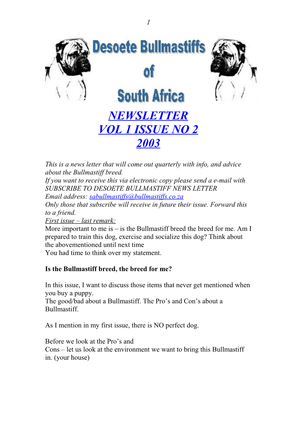 Desoete Bullmastiff News Letter