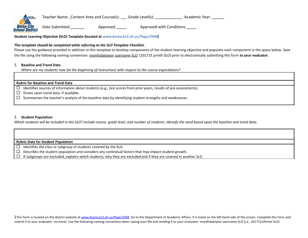 Student Learning Objective (SLO) Template (Located At