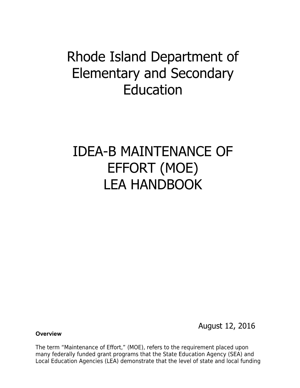 RIDE IDEA-B Maintenance of Effort Handbook