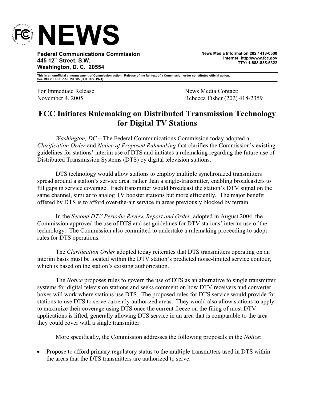 FCC Initiates Rulemaking on Distributed Transmission Technology for Digital TV Stations