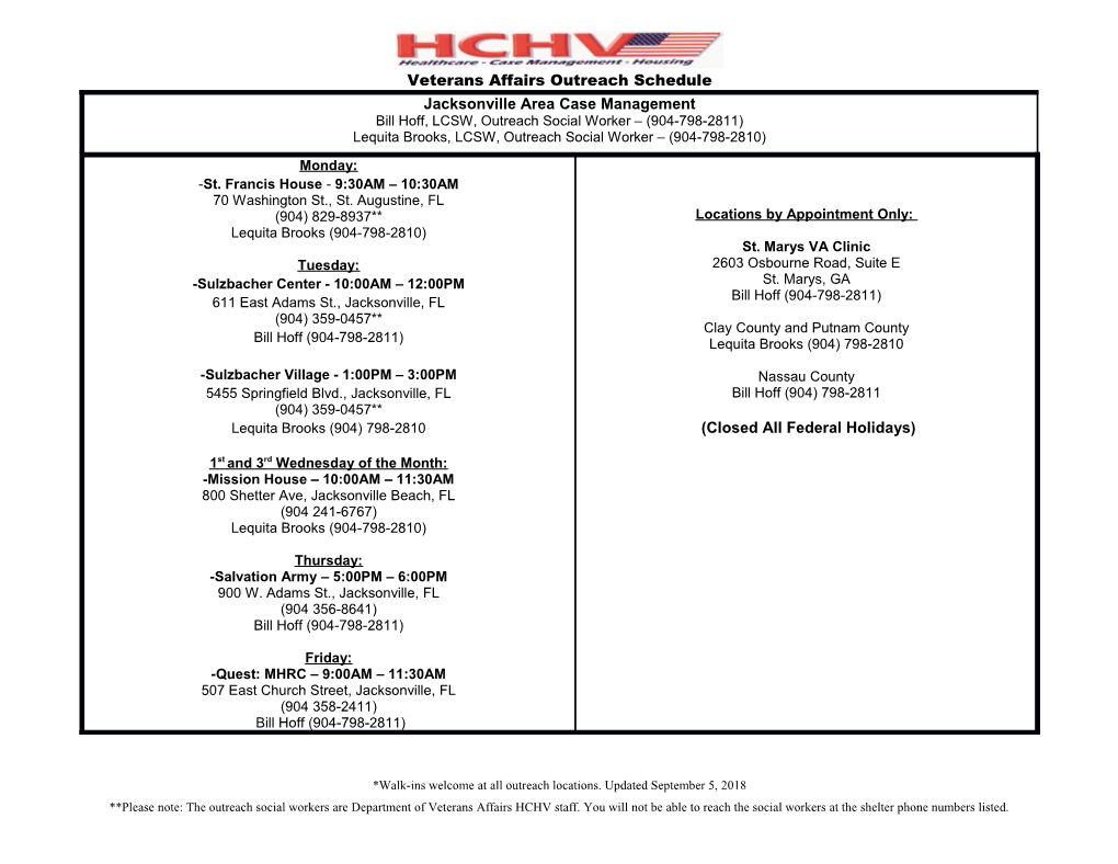 HCHV Outreach Schedule (NF/SGVHS)