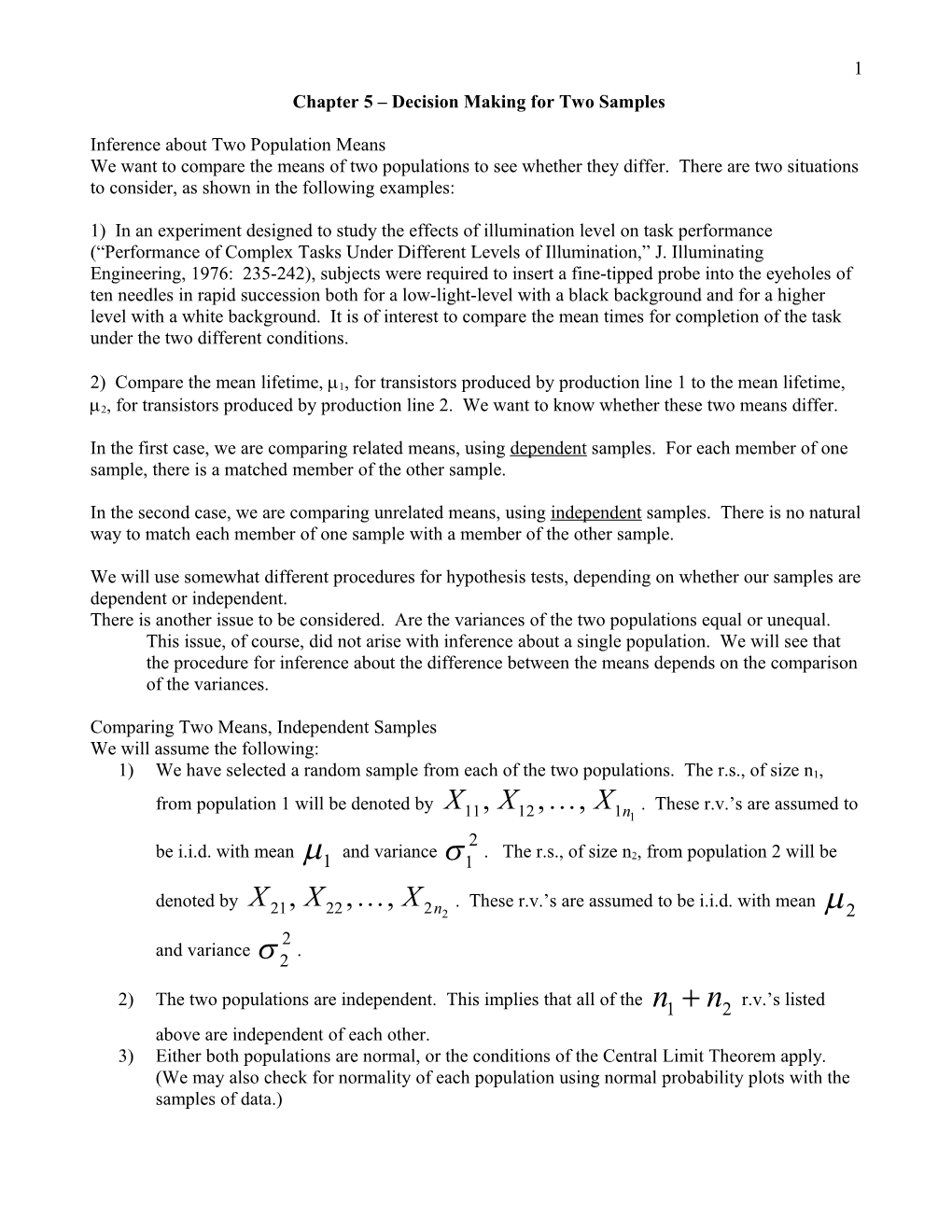 Chapter 5 Decision Making for Two Samples