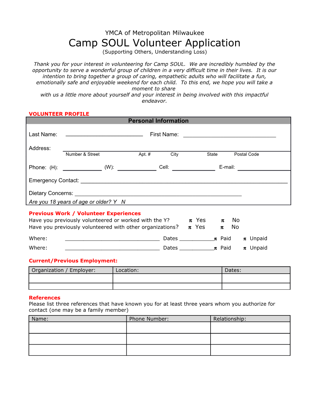 Camp SOUL Volunteer Application