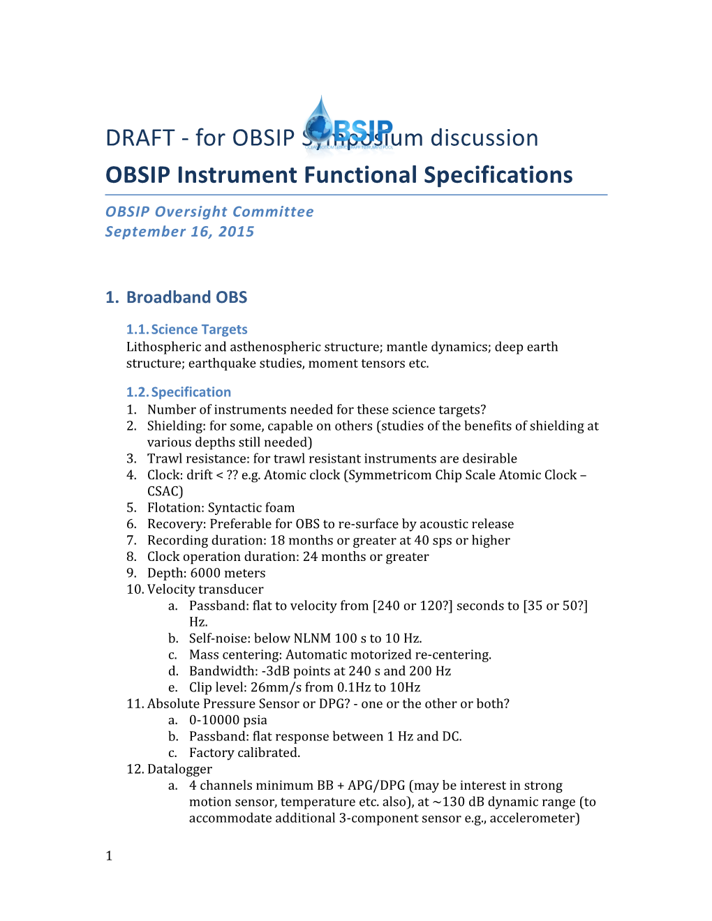 OBSIP Instrument Functional Specifications