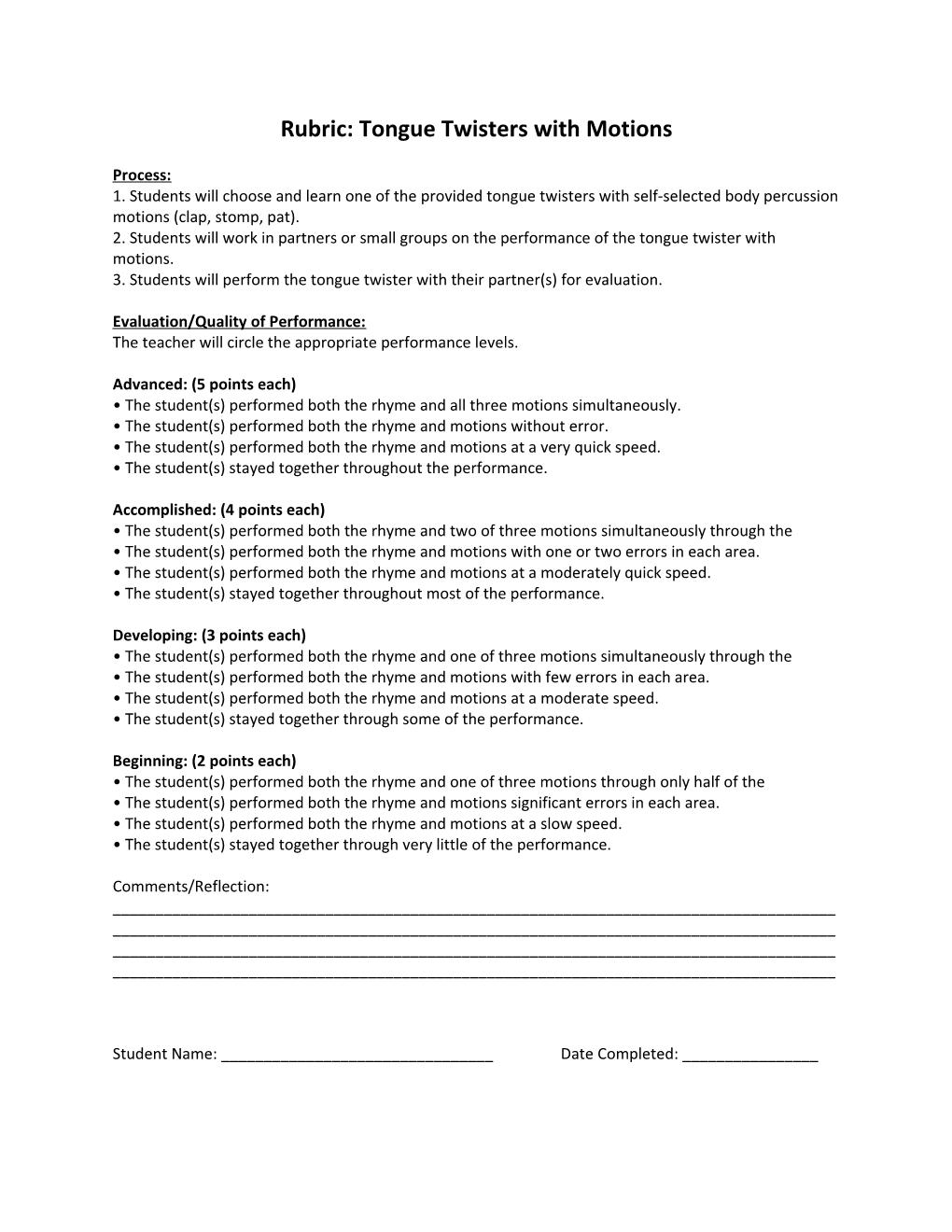 Rubric: Tongue Twisters with Motions