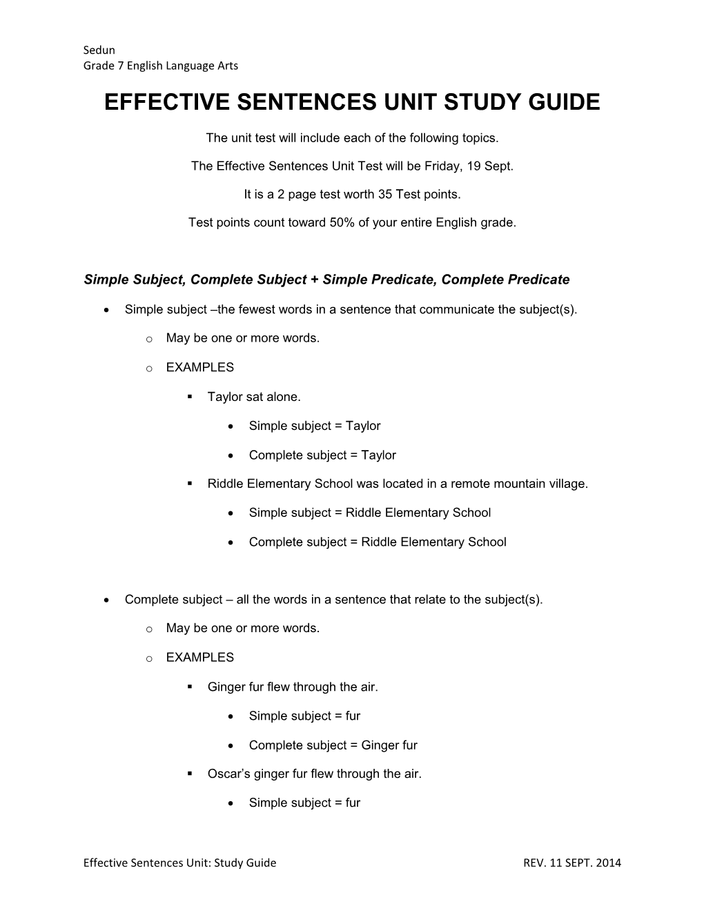 Effective Sentences Unit Study Guide